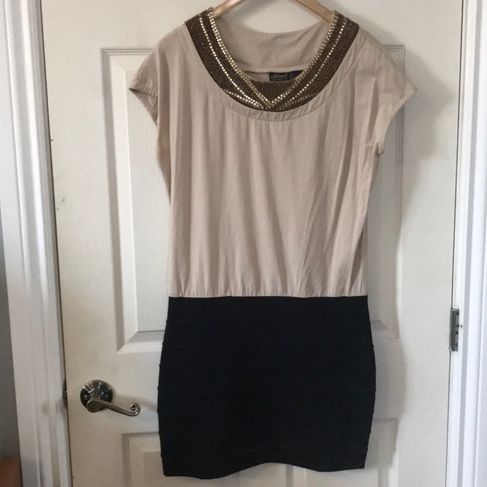 Beige and Black Jewelled Neck mini dress